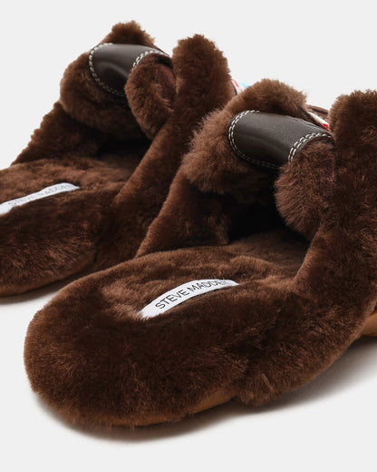 AZIEL MULE Faux Fur Chocolate Brown Suede Low-Top Lace-Up Slip-On Women's Sneaker Steve Madden CHOCOLATE BROWN SUEDE