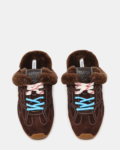 AZIEL MULE Faux Fur Chocolate Brown Suede Low-Top Lace-Up Slip-On Women's Sneaker Steve Madden CHOCOLATE BROWN SUEDE