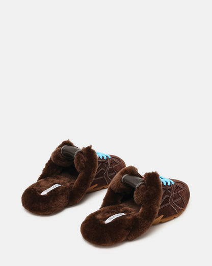 AZIEL MULE Faux Fur Chocolate Brown Suede Low-Top Lace-Up Slip-On Women's Sneaker Steve Madden CHOCOLATE BROWN SUEDE