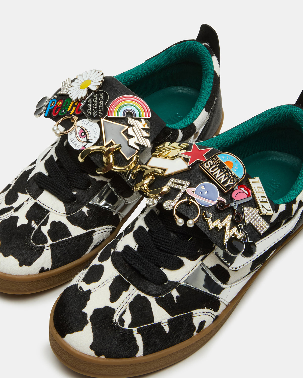 WYATT Black Cow Print Lace-Up Low-Top Pin Women's Sneaker Steve Madden BLACK WHITE