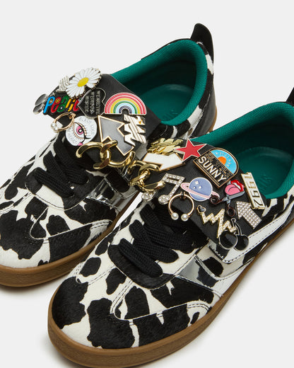 WYATT Black Cow Print Lace-Up Low-Top Pin Women's Sneaker Steve Madden BLACK WHITE