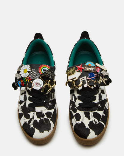 WYATT Black Cow Print Lace-Up Low-Top Pin Women's Sneaker Steve Madden BLACK WHITE