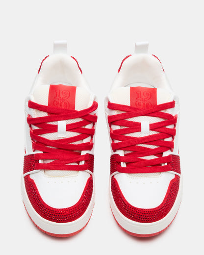 SKATER Red/White Rhinestones Low-Top Lace-Up Women's Sneaker Steve Madden RED WHITE