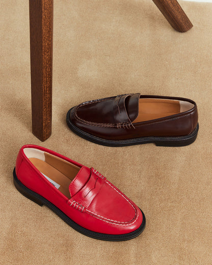 MADISON Burgundy Box Leather Women's Penny Loafer Steve Madden BURGUNDY