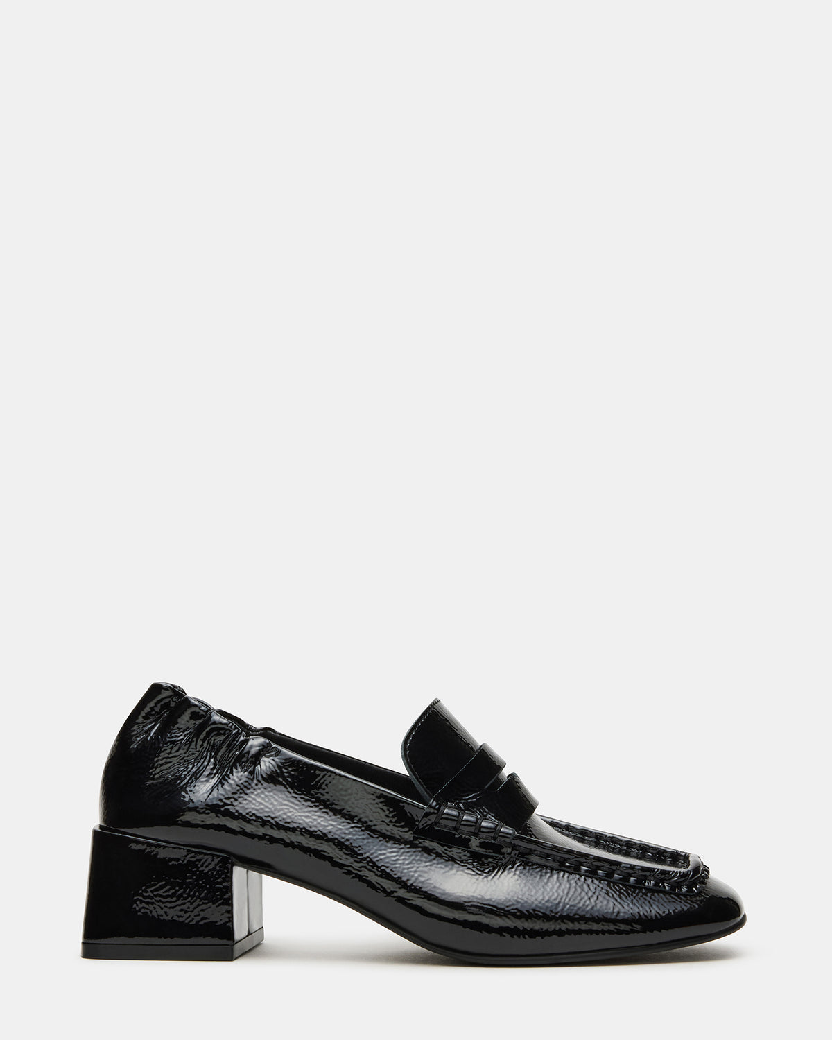 ESTEE Black Crinkle Patent Square-Toe Heeled Women's Loafer Steve Madden BLACK CRINKLE PATENT