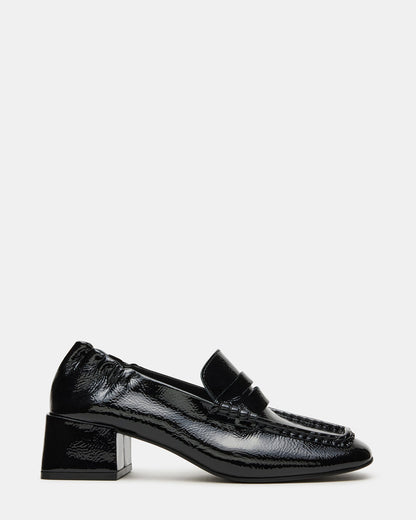 ESTEE Black Crinkle Patent Square-Toe Heeled Women's Loafer Steve Madden BLACK CRINKLE PATENT