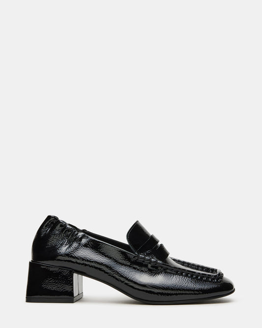 ESTEE Black Crinkle Patent Square-Toe Heeled Women's Loafer Steve Madden BLACK CRINKLE PATENT