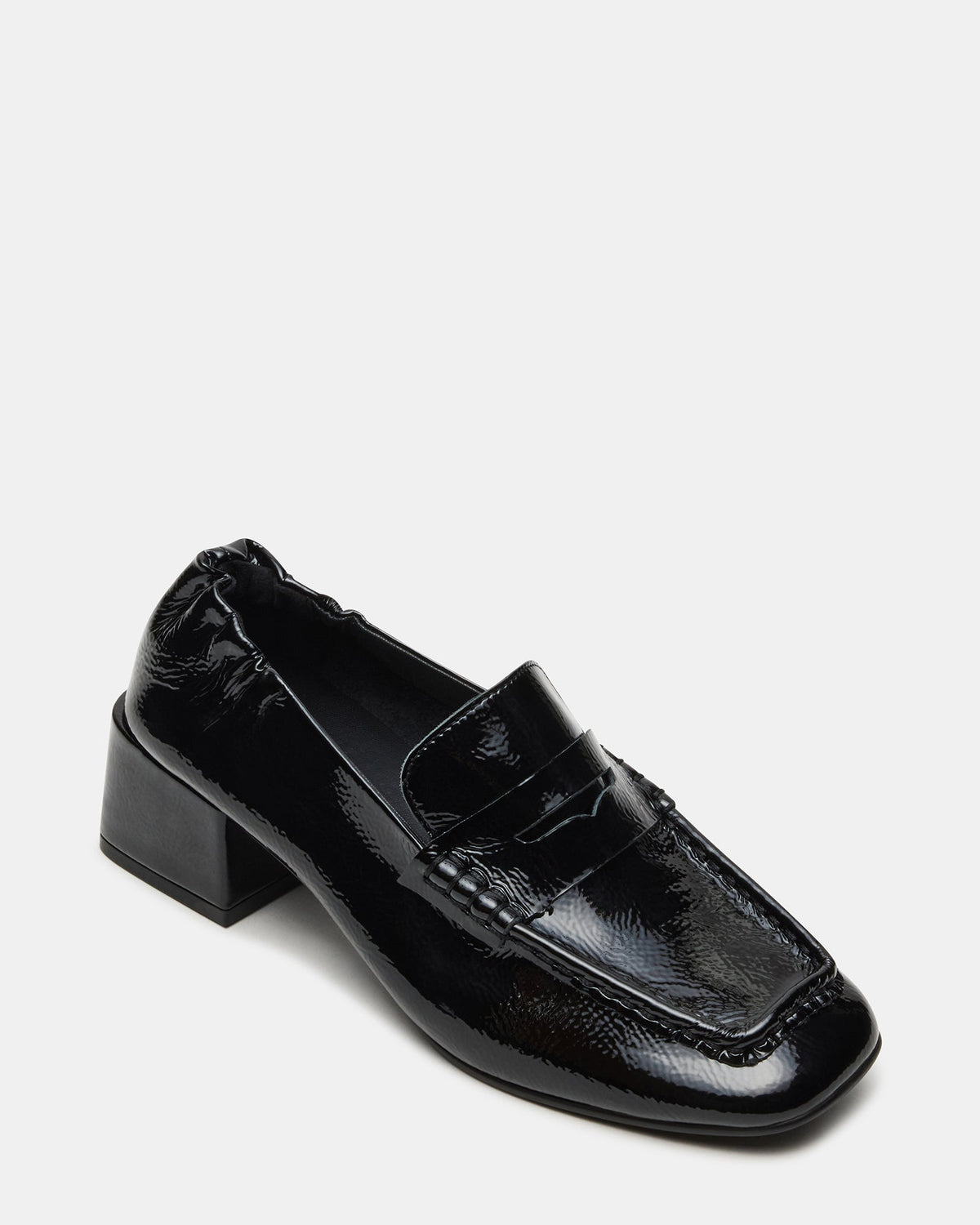 ESTEE Black Crinkle Patent Square-Toe Heeled Women's Loafer Steve Madden BLACK CRINKLE PATENT
