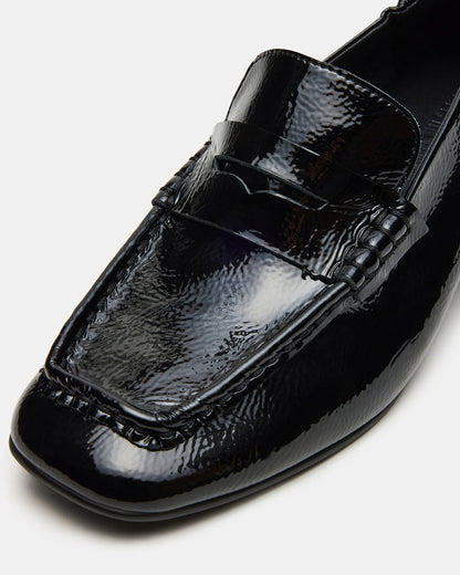 ESTEE Black Crinkle Patent Square-Toe Heeled Women's Loafer Steve Madden BLACK CRINKLE PATENT