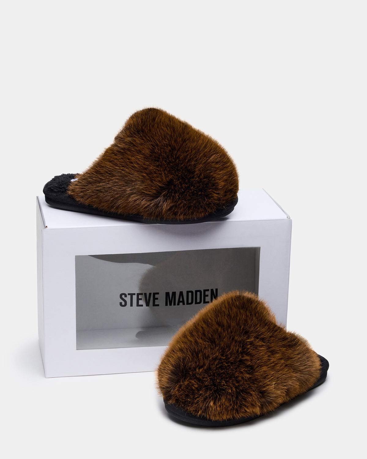 POOF Brown Slip-On Faux Fur Mule Women's Flat Steve Madden BROWN