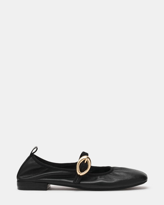 DAFFIA Black Leather Mary Jane Gold-Detail Buckle Ballet Women's Flat Steve Madden BLACK LEATHER