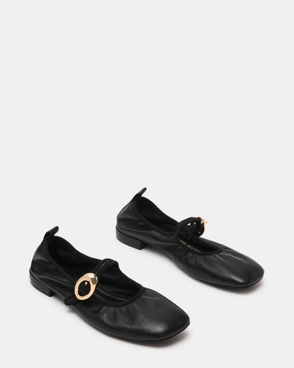 DAFFIA Black Leather Mary Jane Gold-Detail Buckle Ballet Women's Flat Steve Madden BLACK LEATHER