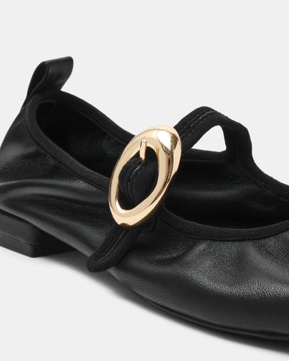 DAFFIA Black Leather Mary Jane Gold-Detail Buckle Ballet Women's Flat Steve Madden BLACK LEATHER