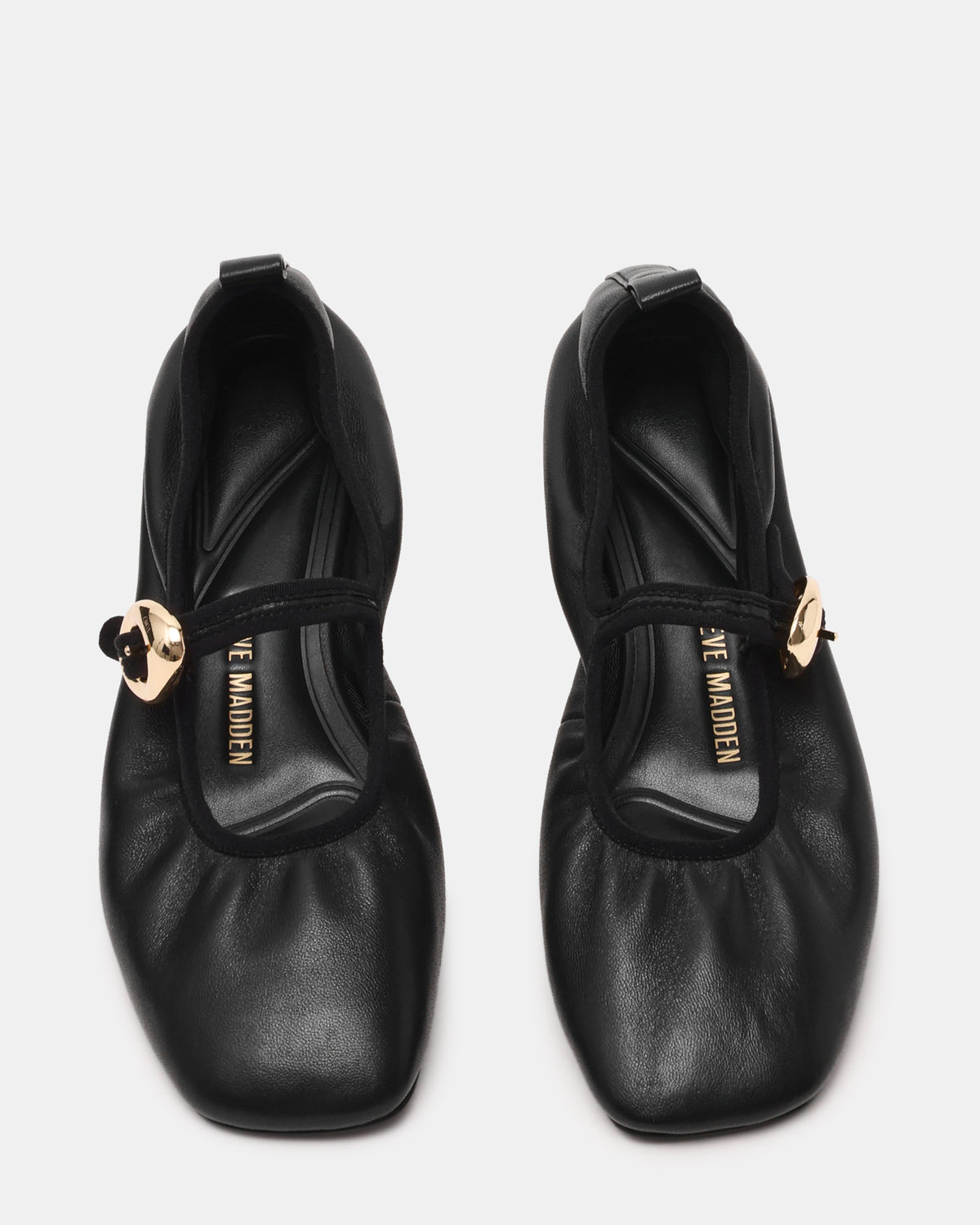 DAFFIA Black Leather Mary Jane Gold-Detail Buckle Ballet Women's Flat Steve Madden BLACK LEATHER