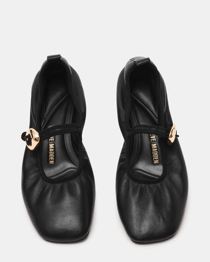 DAFFIA Black Leather Mary Jane Gold-Detail Buckle Ballet Women's Flat Steve Madden BLACK LEATHER