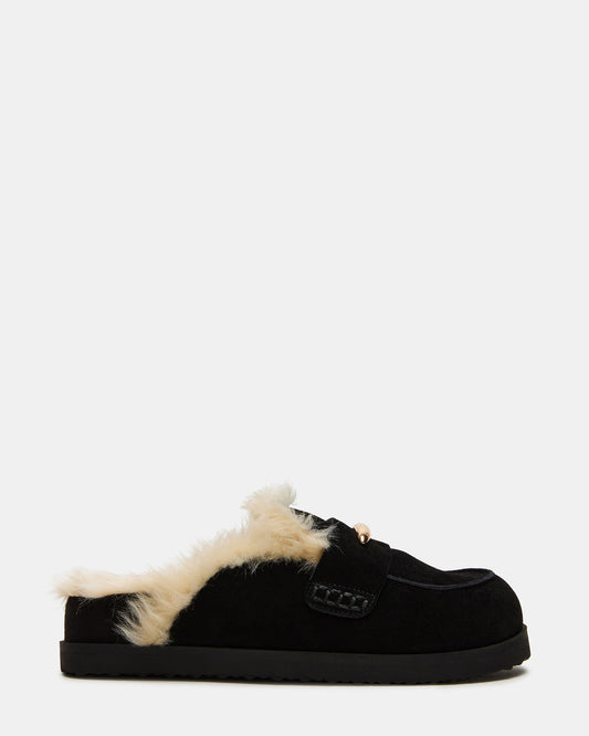 TOBIN Faux Fur Black Suede Slip-On Mule Women's Flat Steve Madden BLACK SUEDE