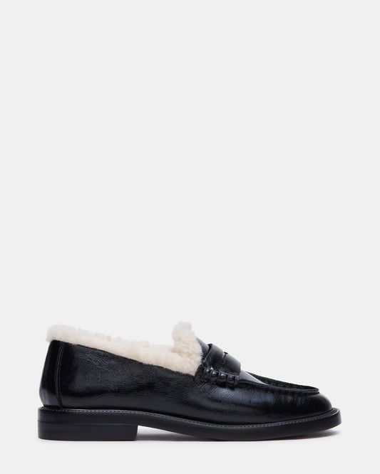 MADISON Faux Fur Black Leather Women's Penny Loafer Steve Madden BLACK LEATHER