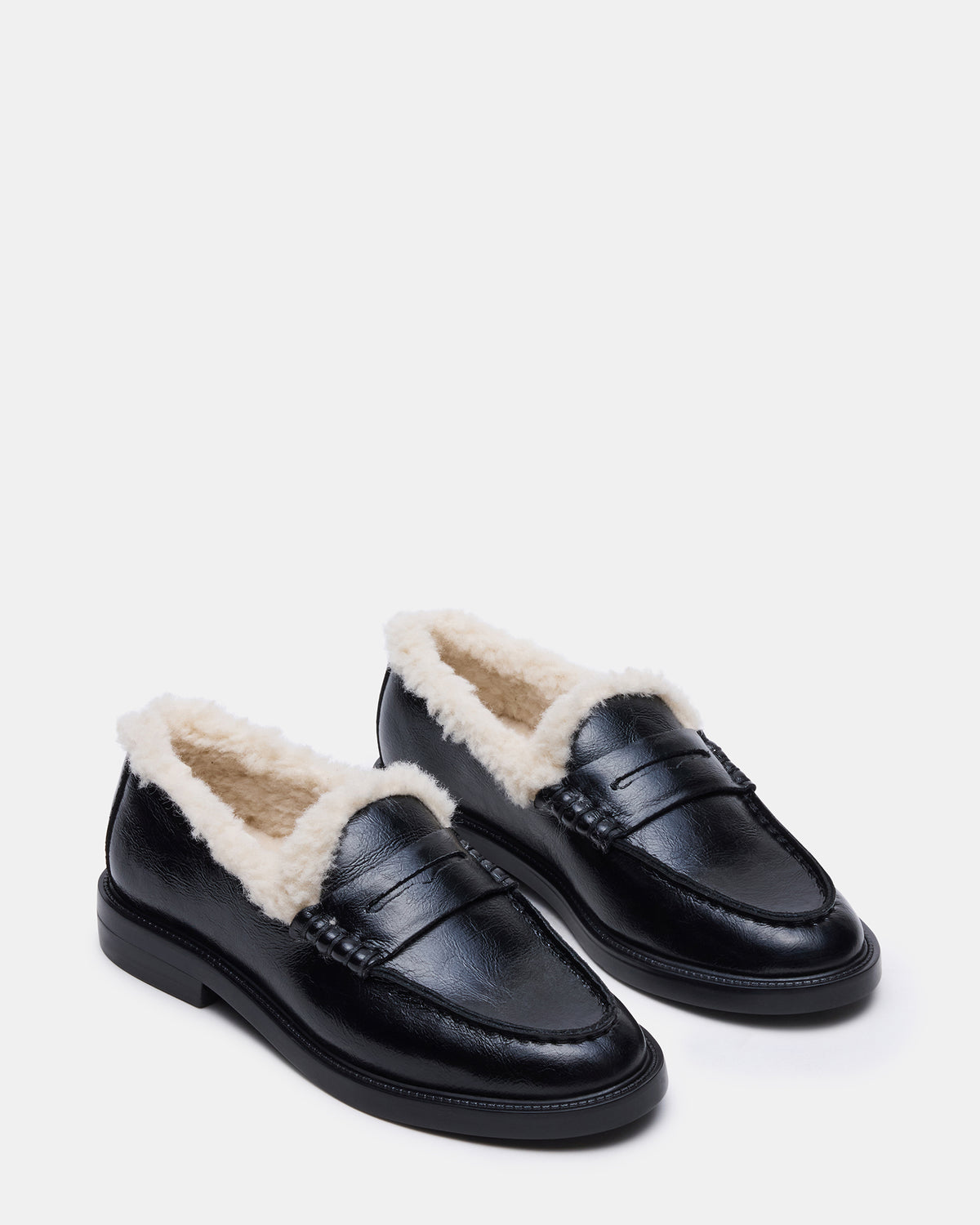 MADISON Faux Fur Black Leather Women's Penny Loafer Steve Madden BLACK LEATHER