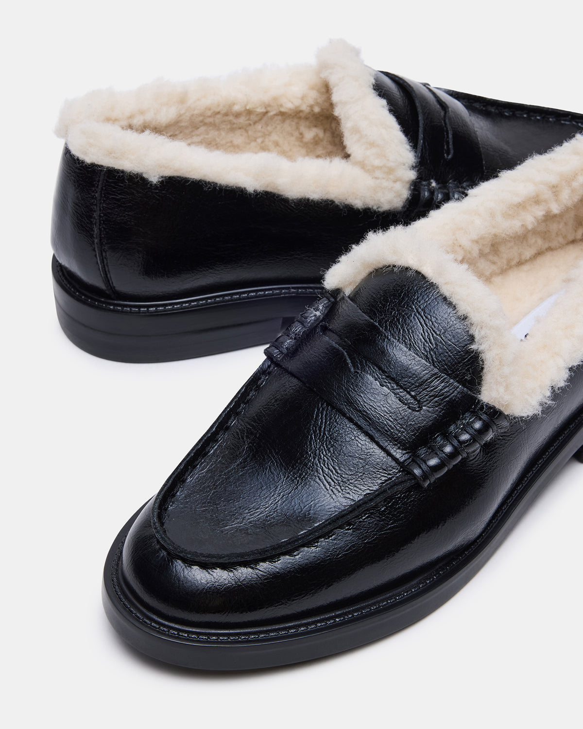 MADISON Faux Fur Black Leather Women's Penny Loafer Steve Madden BLACK LEATHER