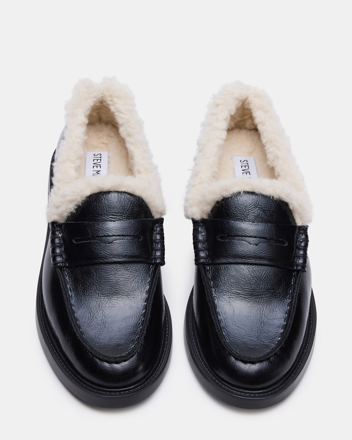 MADISON Faux Fur Black Leather Women's Penny Loafer Steve Madden BLACK LEATHER