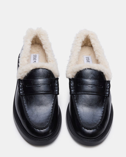 MADISON Faux Fur Black Leather Women's Penny Loafer Steve Madden BLACK LEATHER