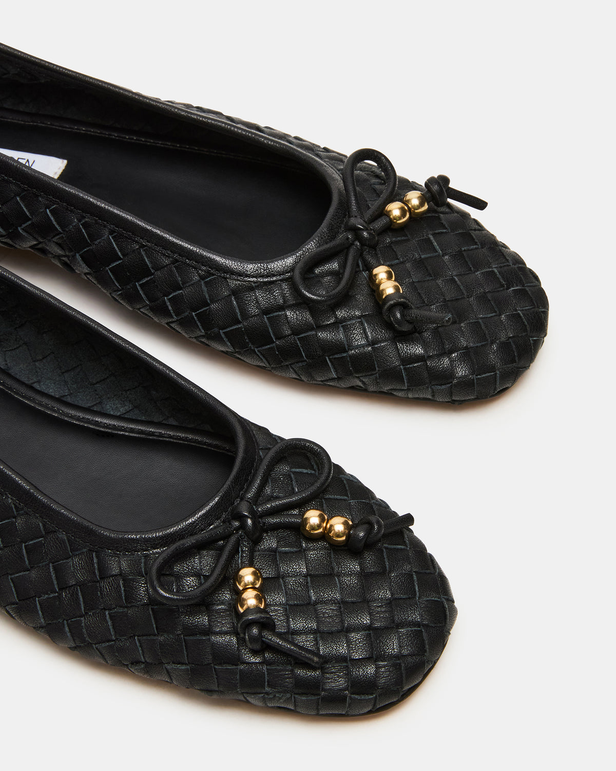 DIVY Black Leather Woven Bow Ballet Round-Toe Women's Flat Steve Madden BLACK LEATHER