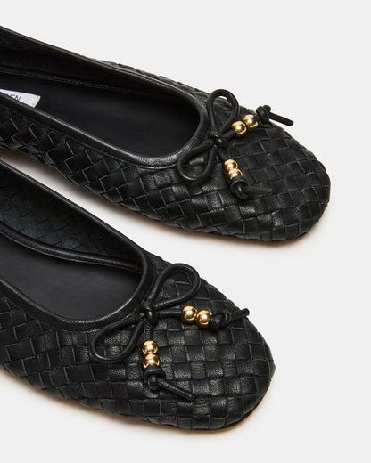 DIVY Black Leather Woven Bow Ballet Round-Toe Women's Flat Steve Madden BLACK LEATHER