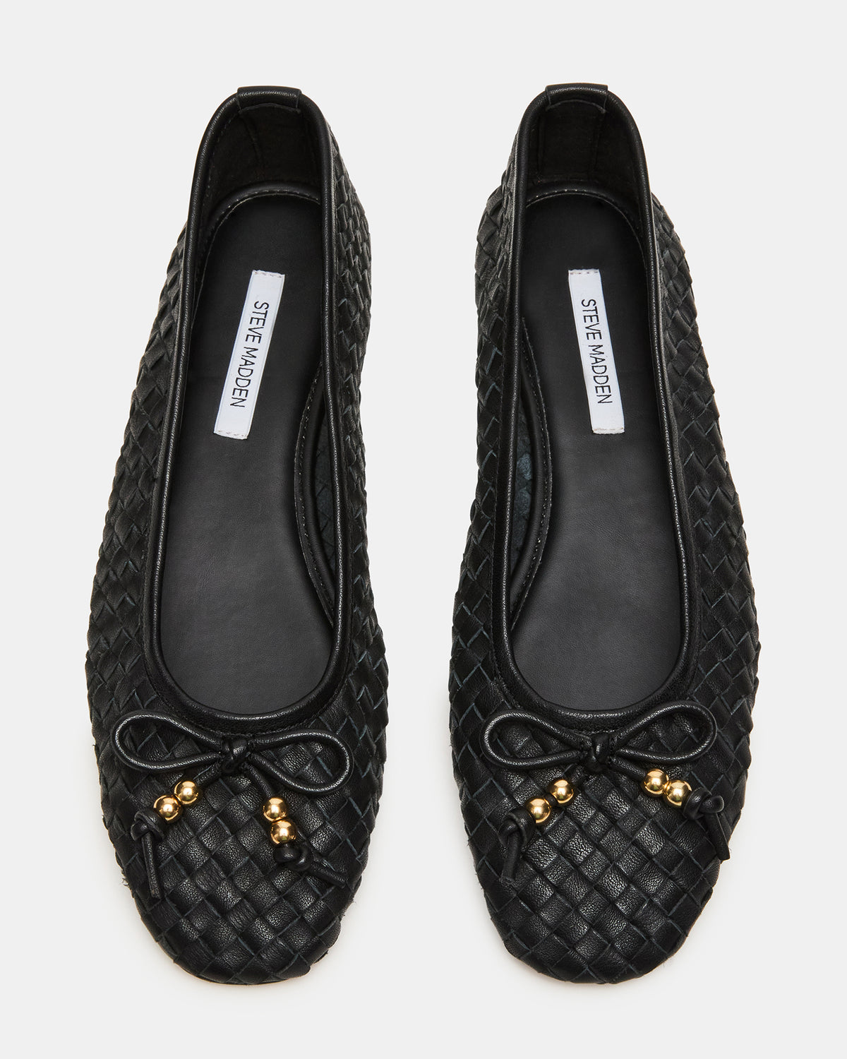 DIVY Black Leather Woven Bow Ballet Round-Toe Women's Flat Steve Madden BLACK LEATHER