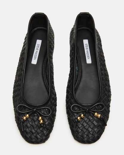 DIVY Black Leather Woven Bow Ballet Round-Toe Women's Flat Steve Madden BLACK LEATHER