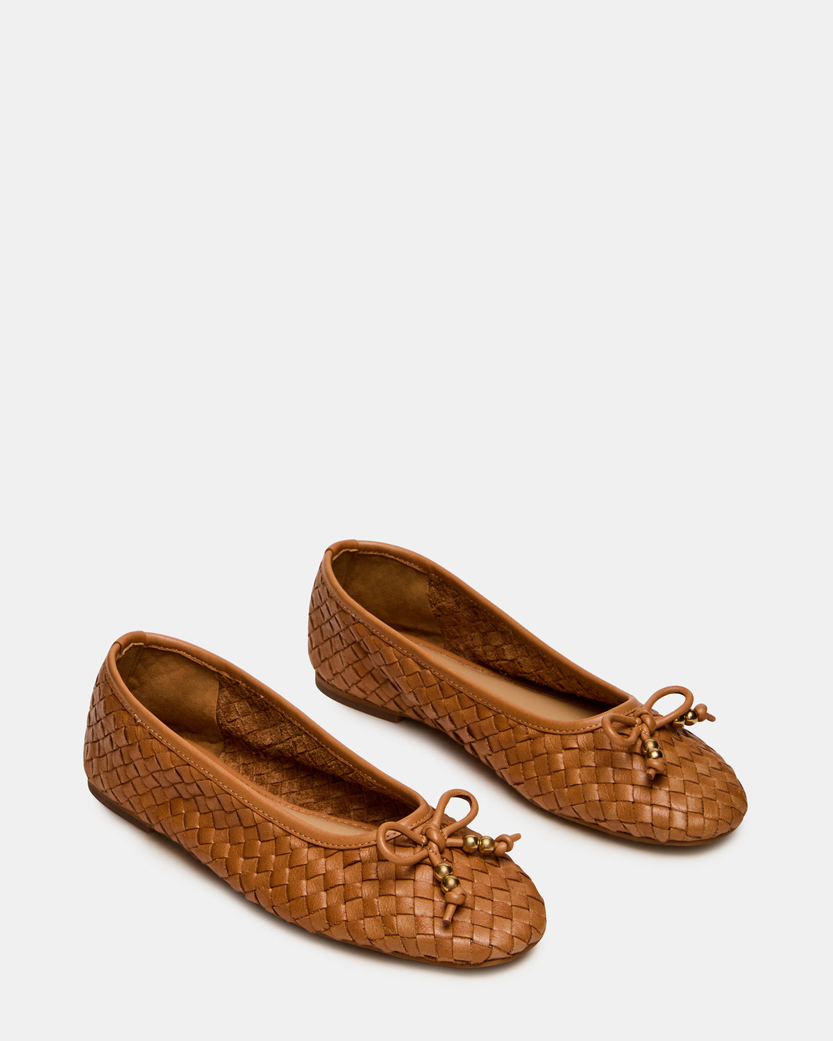 DIVY Cognac Leather Woven Bow Ballet Round-Toe Women's Flat Steve Madden COGNAC LEATHER