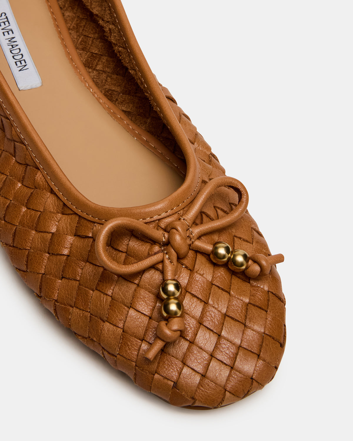 DIVY Cognac Leather Woven Bow Ballet Round-Toe Women's Flat Steve Madden COGNAC LEATHER