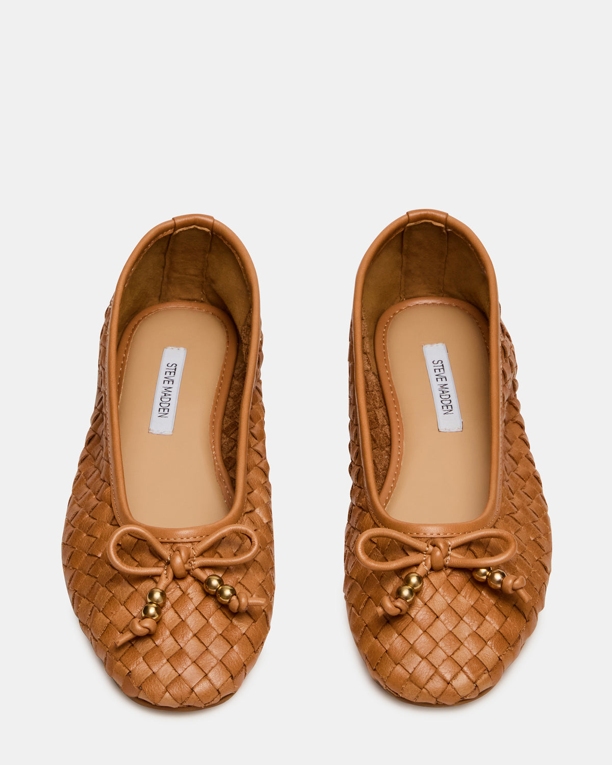 DIVY Cognac Leather Woven Bow Ballet Round-Toe Women's Flat Steve Madden COGNAC LEATHER