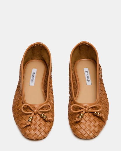 DIVY Cognac Leather Woven Bow Ballet Round-Toe Women's Flat Steve Madden COGNAC LEATHER