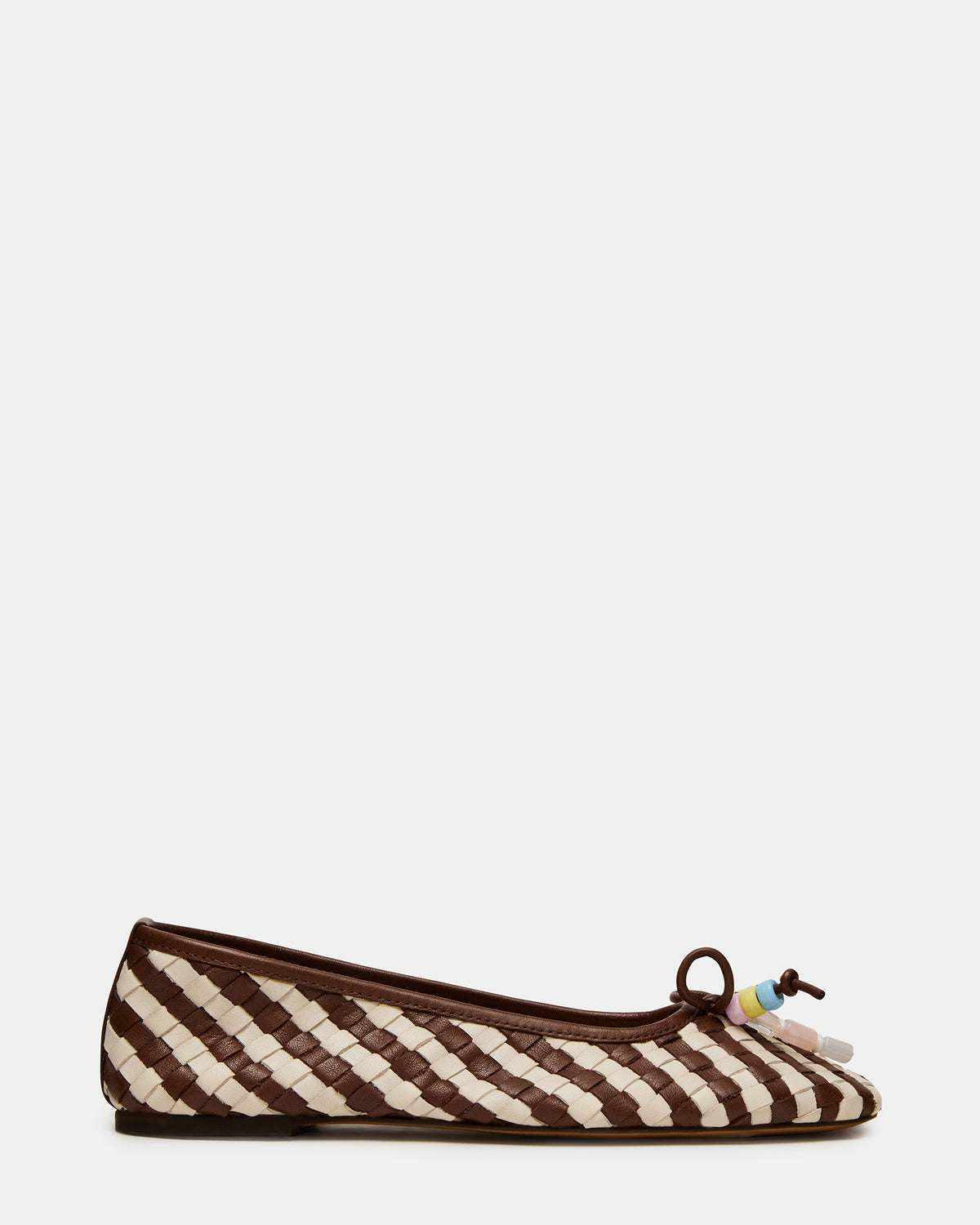 DIVY White/Brown Leather Woven Bow Ballet Round-Toe Women's Flat Steve Madden WHITE BROWN LEATHER