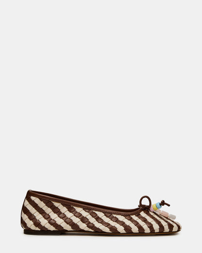 DIVY White/Brown Leather Woven Bow Ballet Round-Toe Women's Flat Steve Madden WHITE BROWN LEATHER