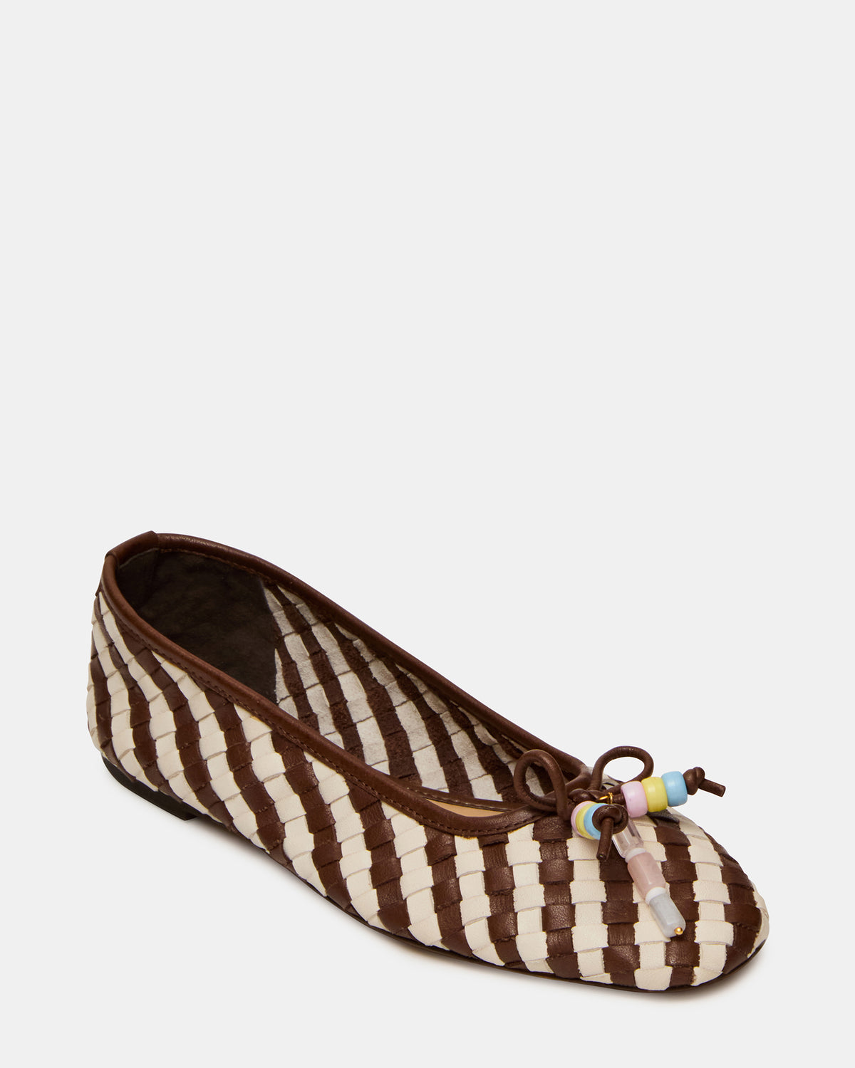 DIVY White/Brown Leather Woven Bow Ballet Round-Toe Women's Flat Steve Madden WHITE BROWN LEATHER