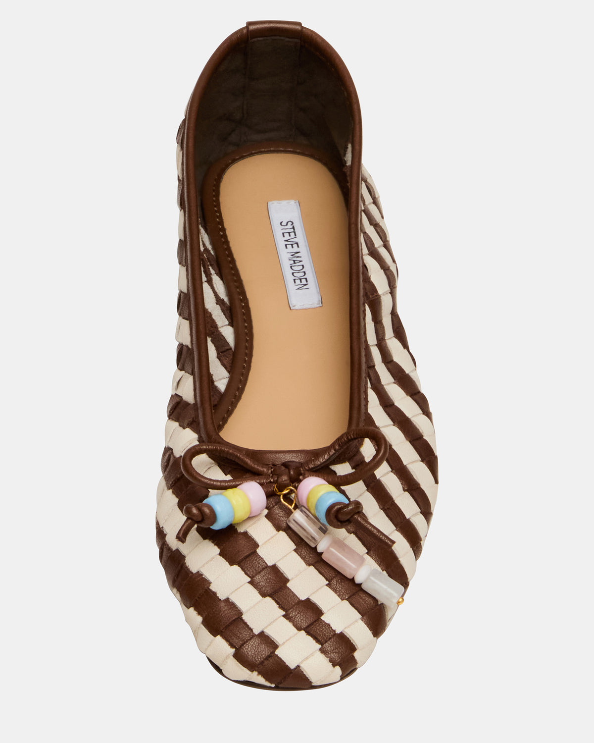 DIVY White/Brown Leather Woven Bow Ballet Round-Toe Women's Flat Steve Madden WHITE BROWN LEATHER