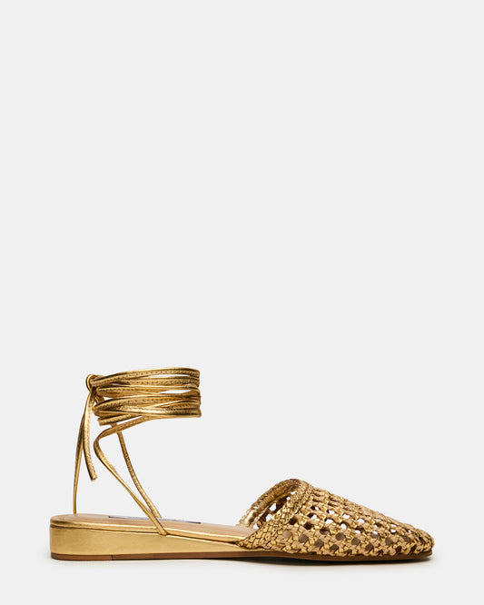 FLUTTER Gold Woven Mule Leg-Ties Strappy Women's Flat Steve Madden NATURAL GOLD