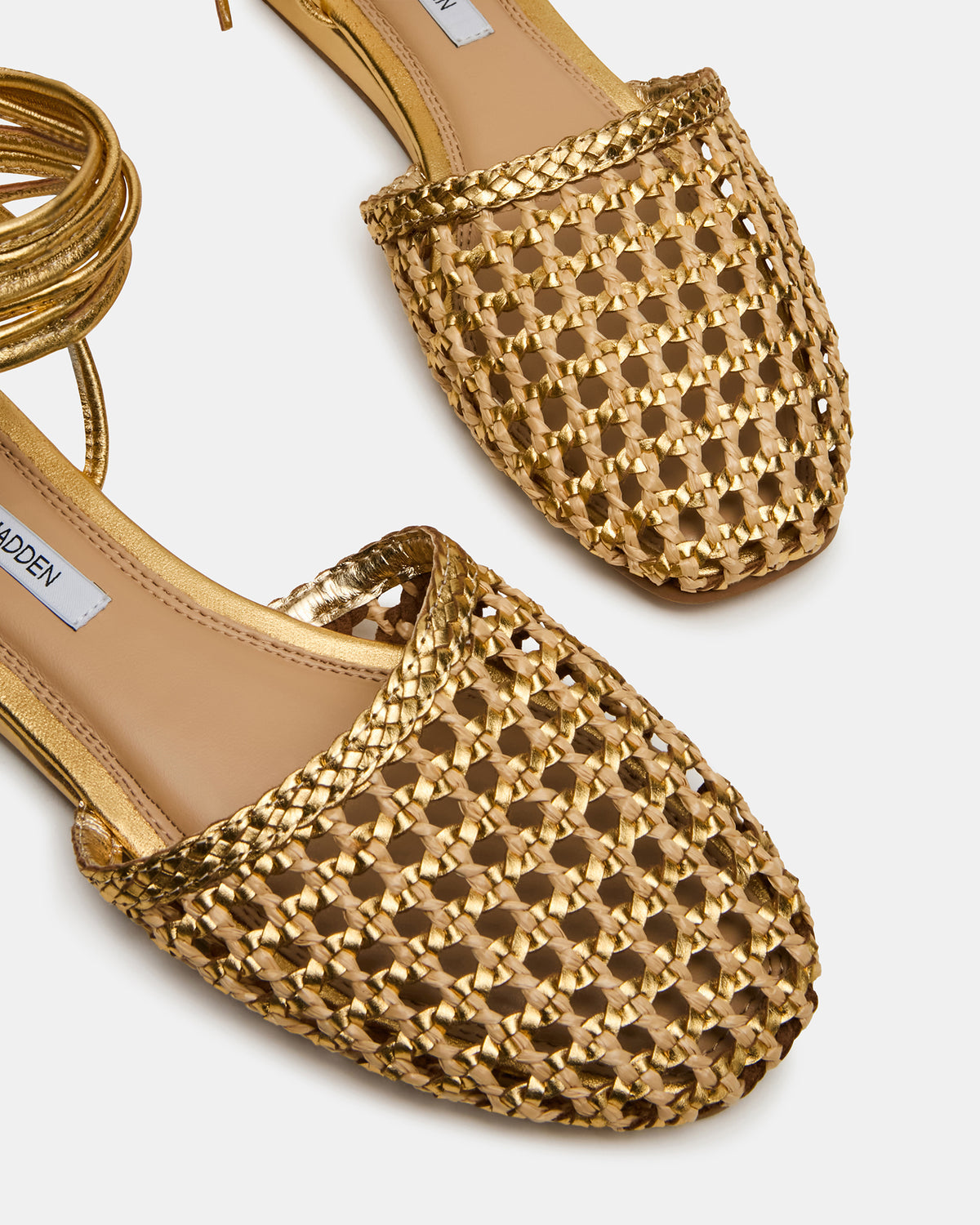 FLUTTER Gold Woven Mule Leg-Ties Strappy Women's Flat Steve Madden NATURAL GOLD