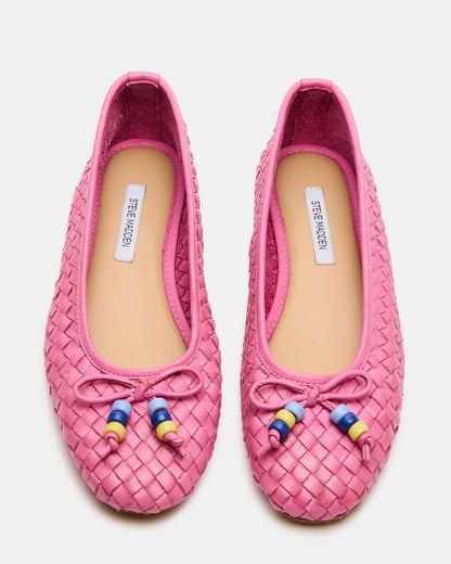 DIVY Pink Leather Woven Bow Ballet Round-Toe Women's Flat Steve Madden PINK LEATHER