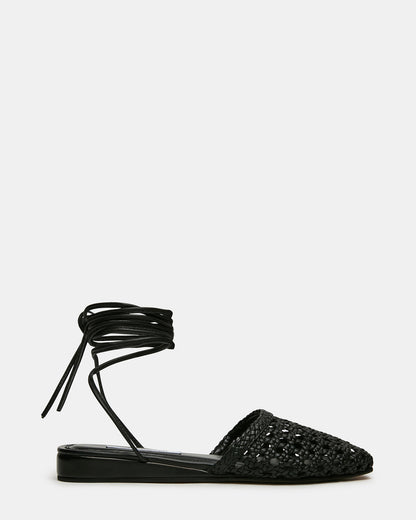 FLUTTER Black Leather Woven Mule Leg-Ties Strappy Women's Flat Steve Madden BLACK LEATHER
