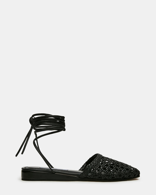 FLUTTER Black Leather Woven Mule Leg-Ties Strappy Women's Flat Steve Madden BLACK LEATHER