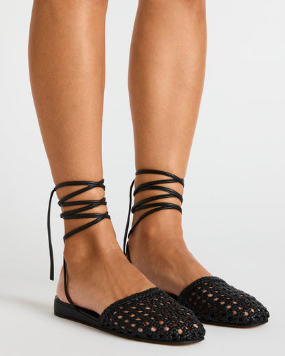 FLUTTER Black Leather Woven Mule Leg-Ties Strappy Women's Flat Steve Madden BLACK LEATHER