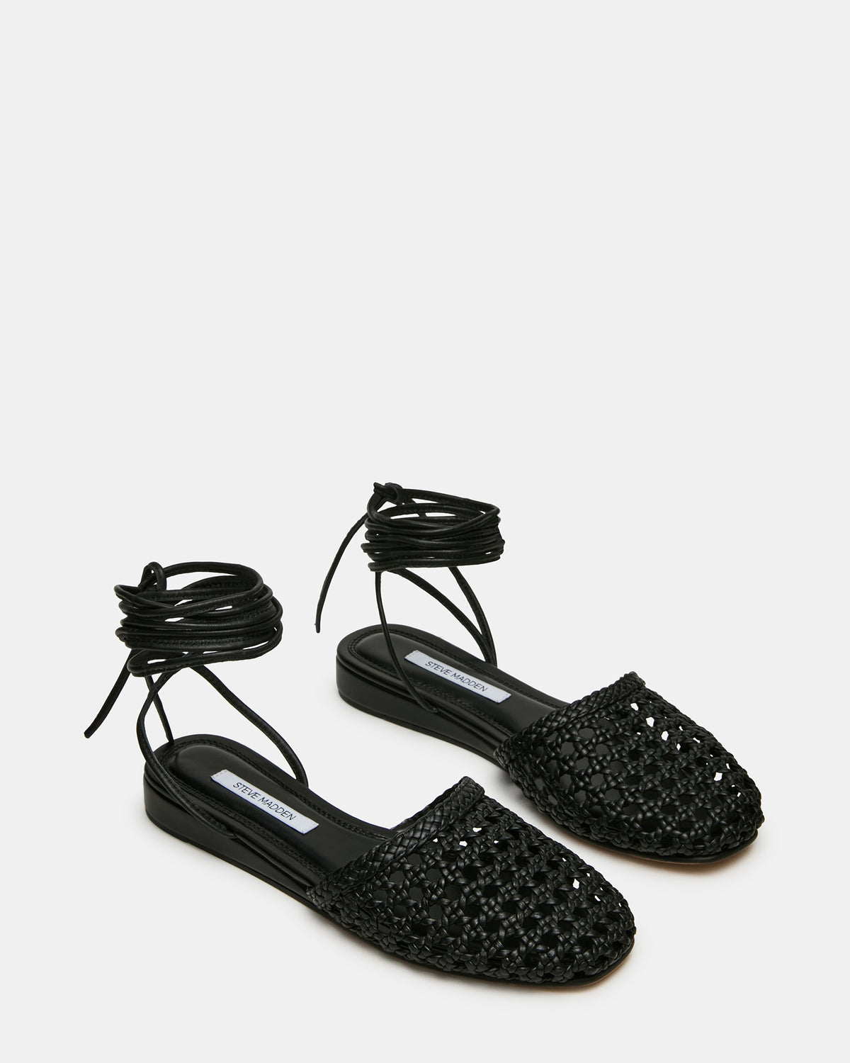 FLUTTER Black Leather Woven Mule Leg-Ties Strappy Women's Flat Steve Madden BLACK LEATHER