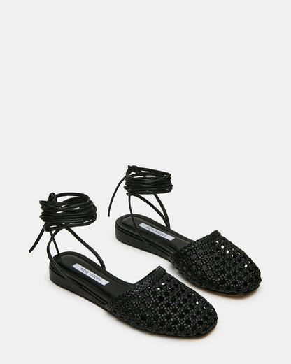 FLUTTER Black Leather Woven Mule Leg-Ties Strappy Women's Flat Steve Madden BLACK LEATHER