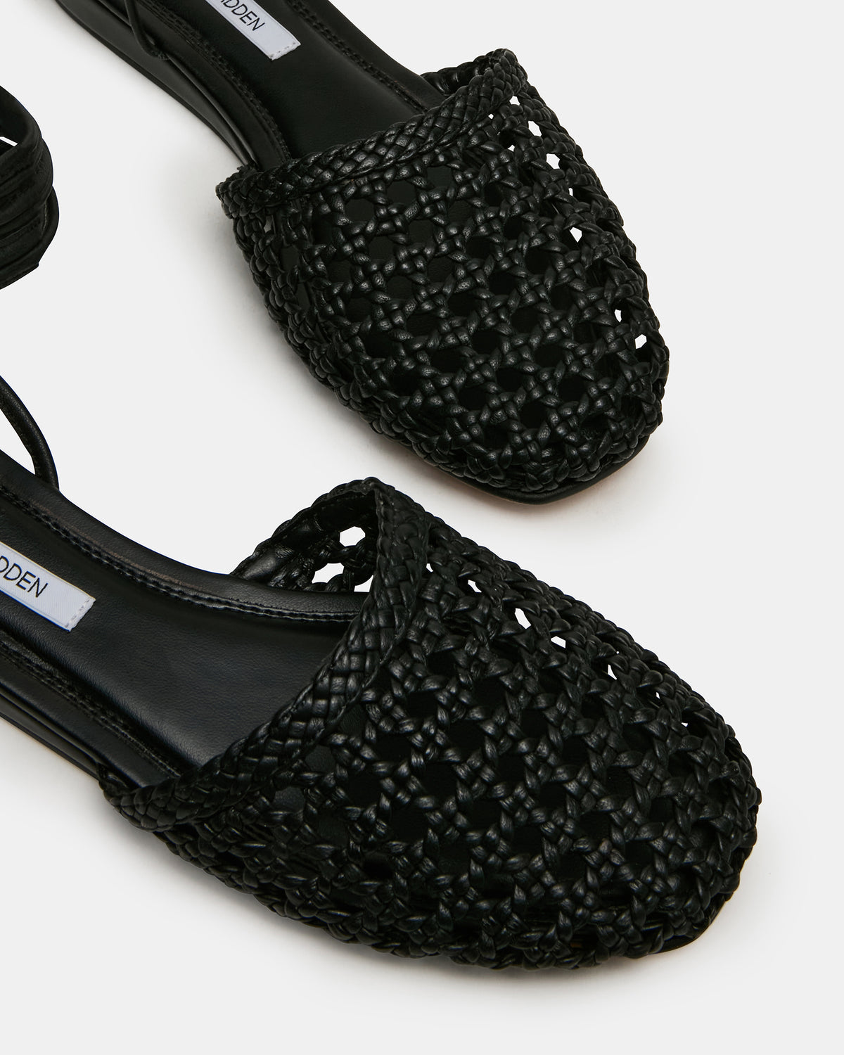 FLUTTER Black Leather Woven Mule Leg-Ties Strappy Women's Flat Steve Madden BLACK LEATHER