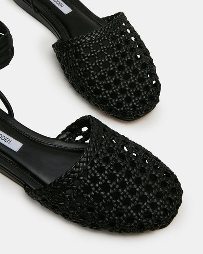 FLUTTER Black Leather Woven Mule Leg-Ties Strappy Women's Flat Steve Madden BLACK LEATHER