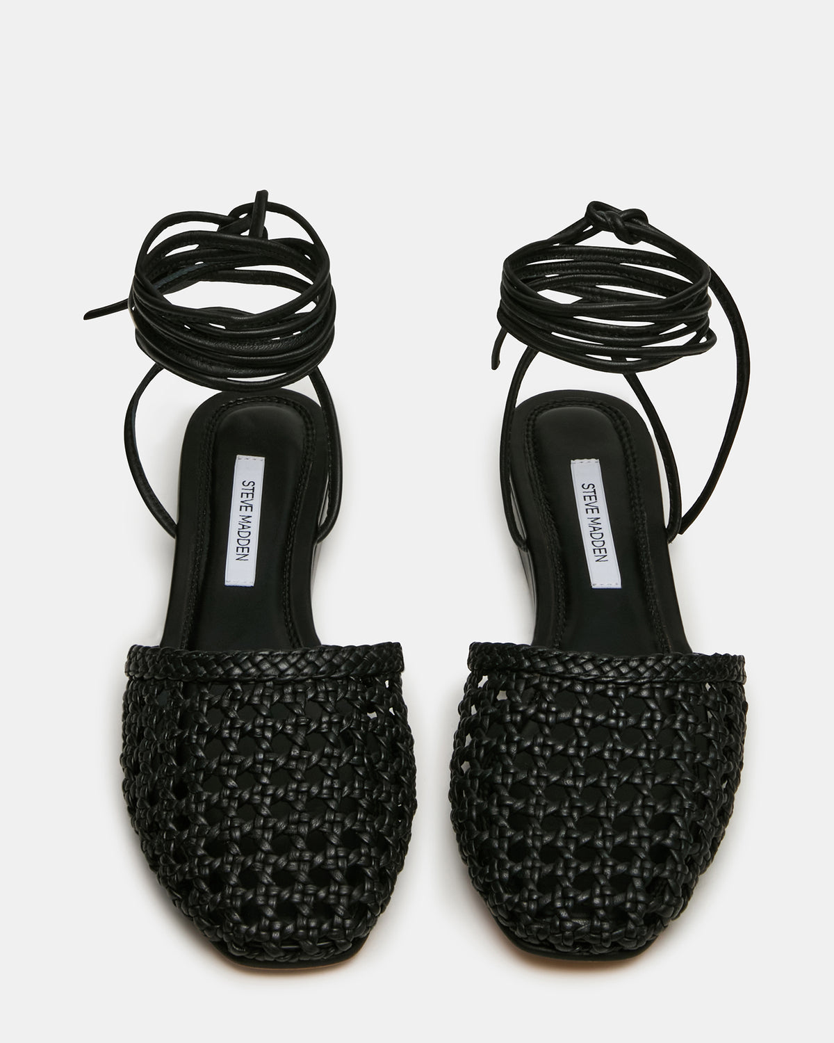 FLUTTER Black Leather Woven Mule Leg-Ties Strappy Women's Flat Steve Madden BLACK LEATHER