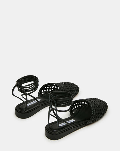 FLUTTER Black Leather Woven Mule Leg-Ties Strappy Women's Flat Steve Madden BLACK LEATHER