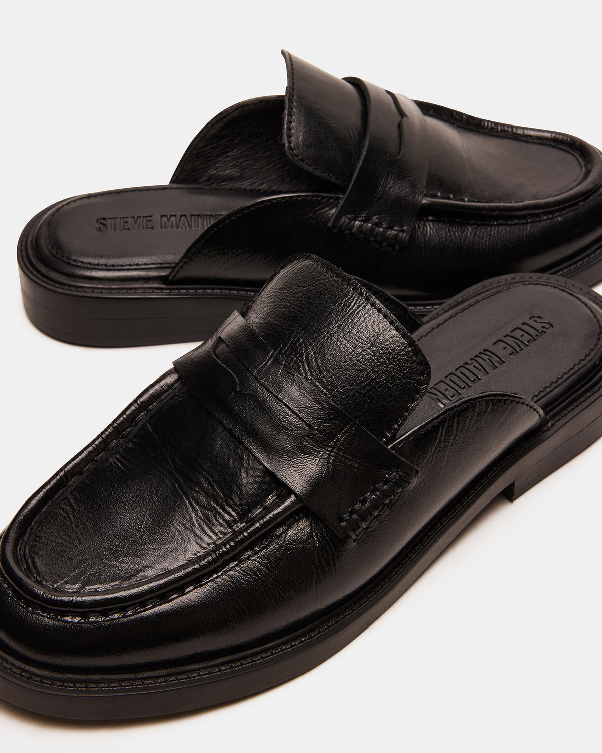 MULBERRY Black Leather Women's Slip-On Mule Flat Steve Madden BLACK LEATHER